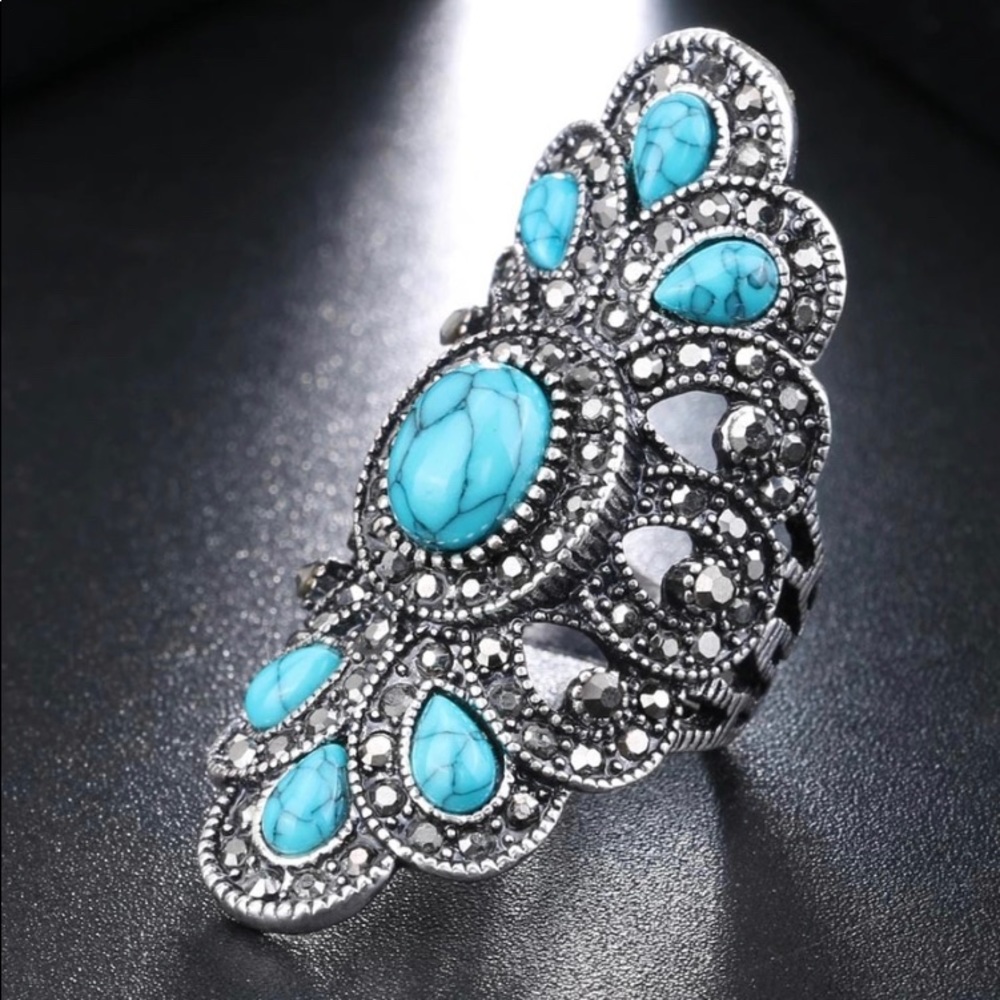 Silver Plated Boho Vintage Blue Stone Fashion Ring